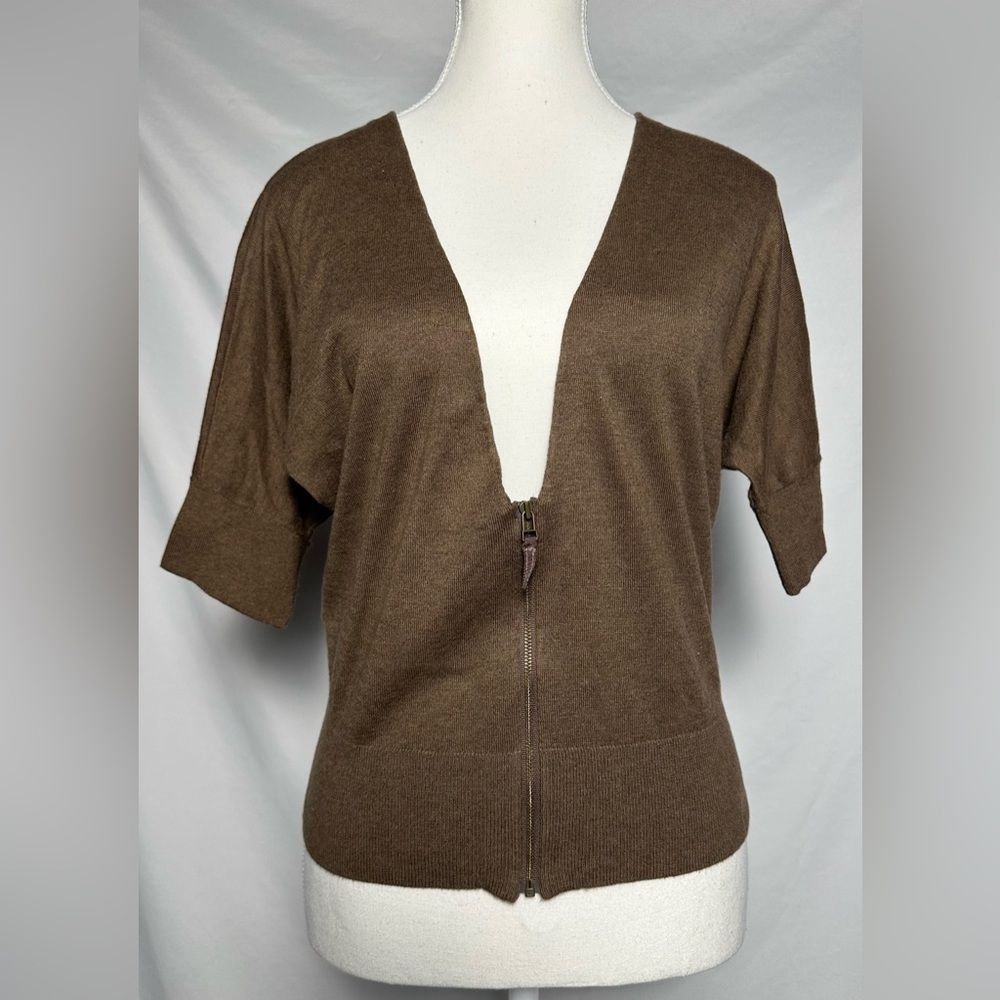 LOFT 100% Cotton Brown Short Sleeve Zipper Vneck‎ Preppy Sweater Size M